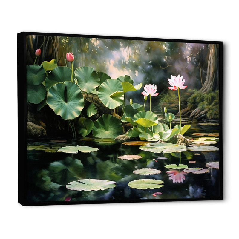 Étangs de lotus verts verts sur toile, Cadre flottant noir, H 16 po x l 32 po x P 1 po