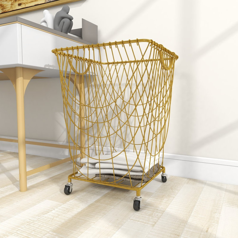 Metal Deep Set Metal Mesh Laundry Basket Storage Cart with Wheels and Handles, Gold, Medium ( 24" H x 16.85" W x 16.55" D)