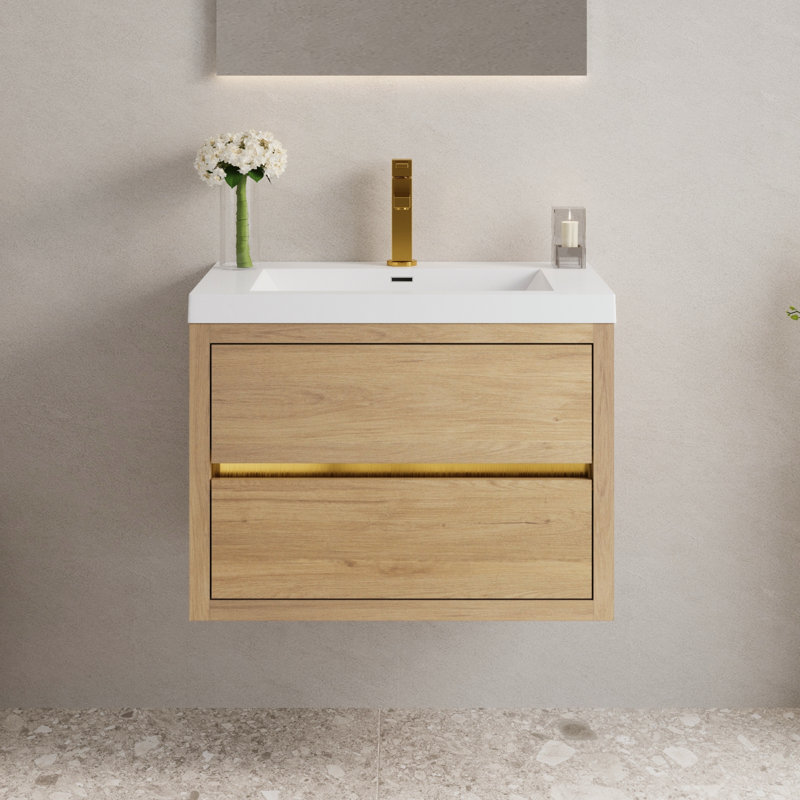 30" Wall-Mounted Bathroom Vanity Floating Single Sink Vanity with Stone Resin Top and Basin, 2 Soft Close Drawers