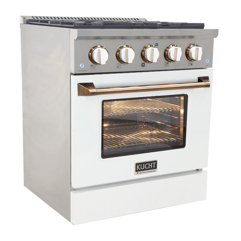 KUCHT Professional 30 po 4,2 pieds cubes Cuisinière à double combustible pour gaz propane avec brûleurs scellés et four à convection en acier inoxydable avec porte de four blanche, boutons blancs et poignée dorée et anneaux à bouton doré