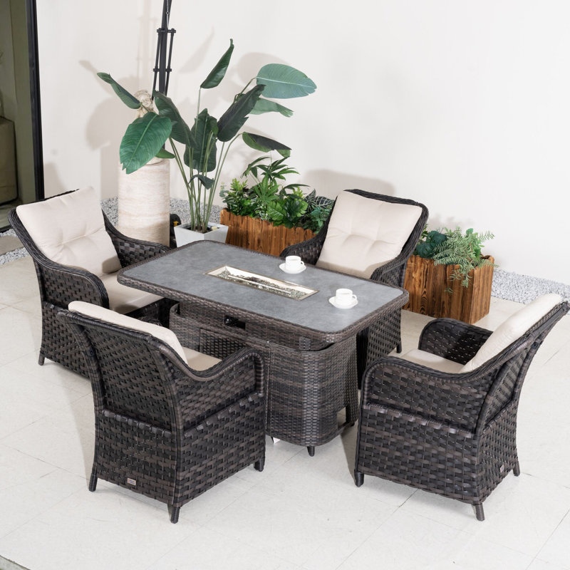 4-Person Wicker Patio Dining Set With Rectangular Table, Cushions Included