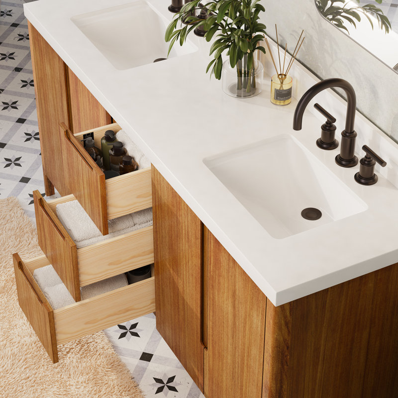 Sequoia 72 In. Double Sink Whitebrook Quartz Countertop Bath Vanity in Mango Wood With Gold Faucet, Mango Wood