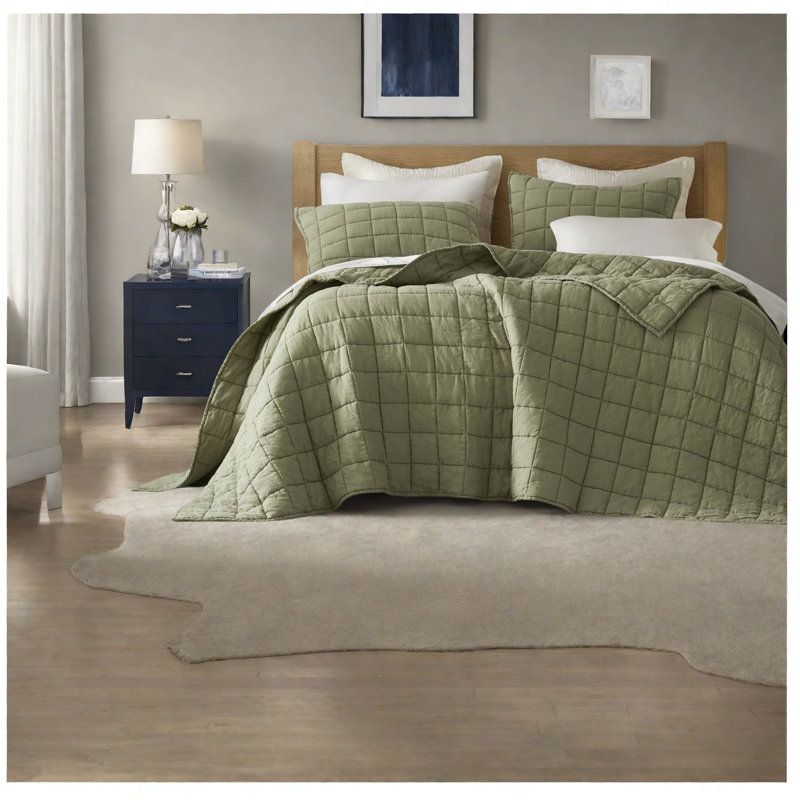 Ensemble de literie en lin 3 pièces de qualité supérieure, courtepointe vert olive et taies décoratives pour toutes les saisons