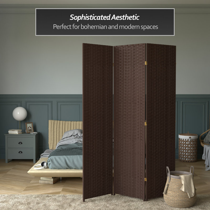 Amitis 7 Ft. Tall Woven Fiber Folding Room Divider, Dark Mocha, 4, 84'' H x 78'' W x 1'' D