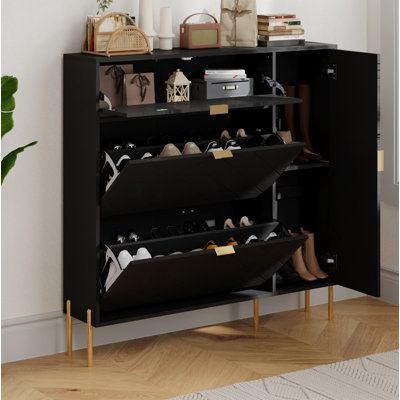 Black MDF Shoe Storage Cabinet with Flip-Up Drawers & Open Shelves Space-Saving Freestanding Shoe Organizer for Entryway Hallway & Closet
