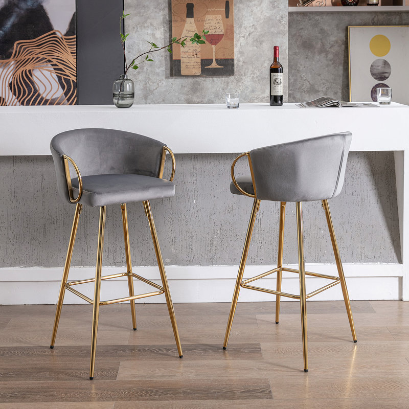 2 Stools, Footrest, Velvet + Golden Leg, Modern Seating Touch 2, Leg With Cozy, Gray, Bar Stool (30” Seat Height)