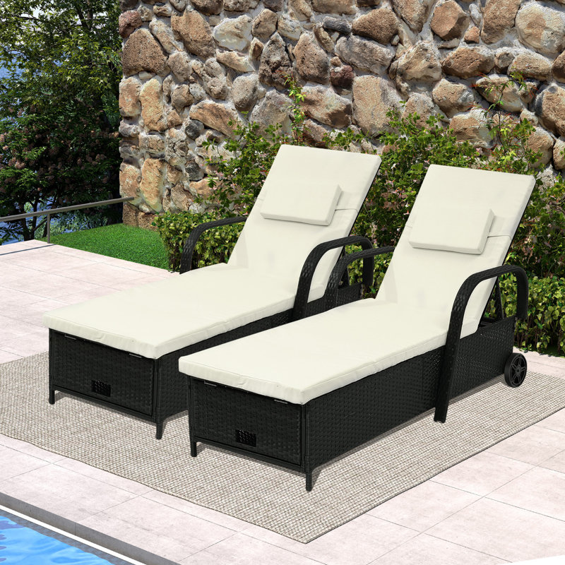 Anayelly Outdoor Wicker Chaise Lounge with Storage Space, Beige/Black