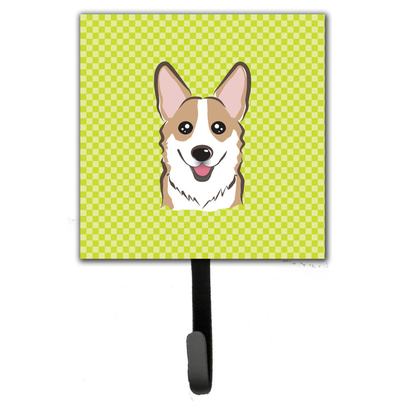 Porte-laisse à carreaux et crochet mural Corgi, vert / brun clair / blanc