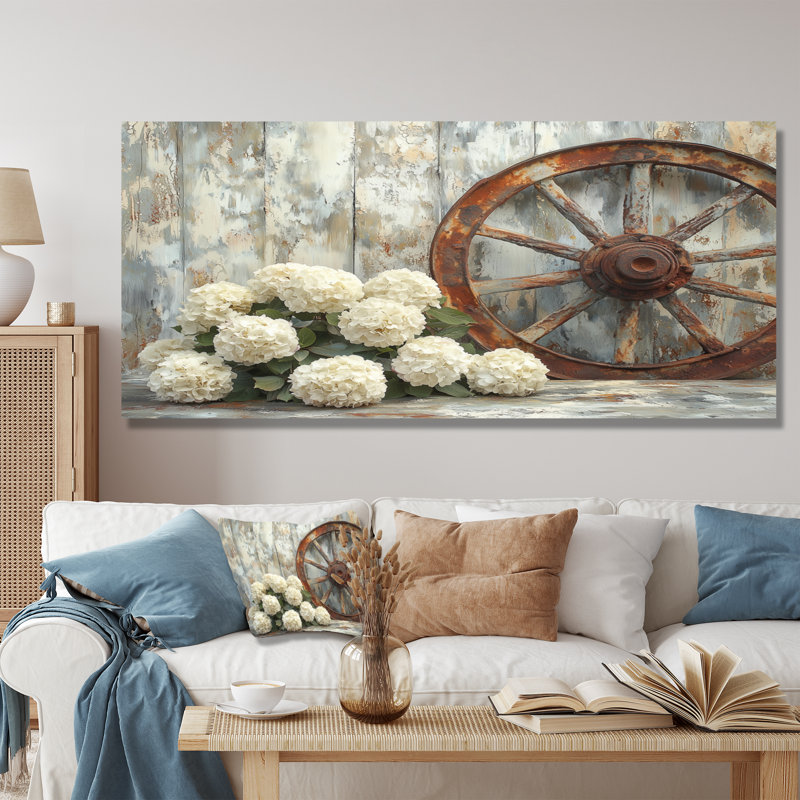 «Hydrangea by the Wagon Wheel», décoration murale en métal hydrangée, reproduction d'art traditionnelle en métal
