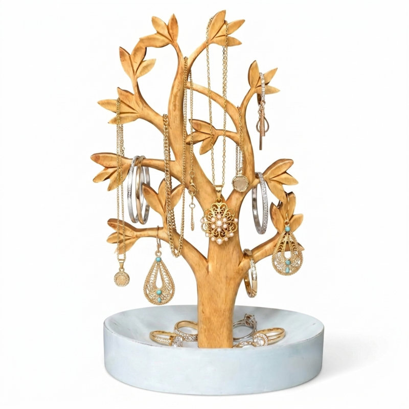 Organisateur de bijoux en bois massif fabriqué à la main - Décoration de Noël et cadeau de fête des Mères pour maman