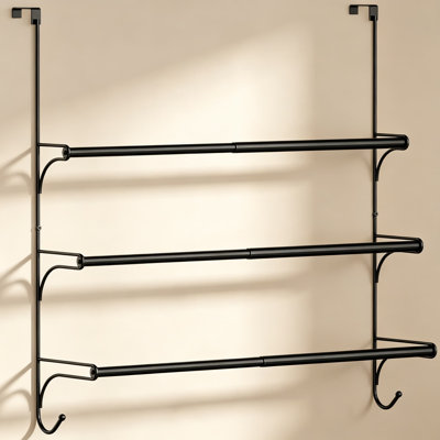 Adjustable Over the Door Towel Rack with Hooks, Triple Towel Bar, No Drill, Black Finish, Space Saving Bathroom & Kitchen Organizer