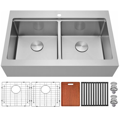36‘’ L x 22'' W Farmhouse 50/50 Double Bowl Stainless Steel Kitchen Sink with Accessories