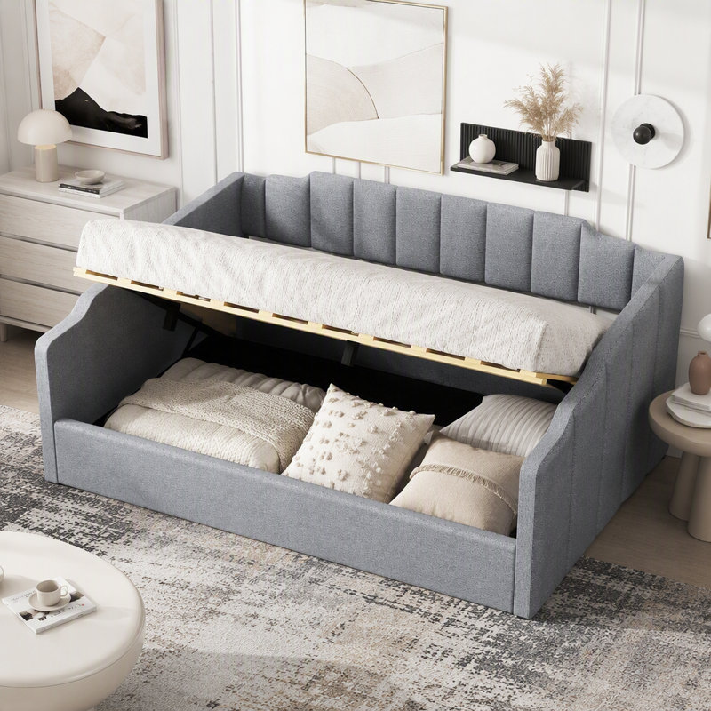 Lit de jour double rembourré avec rangement inférieur, gris, Grey