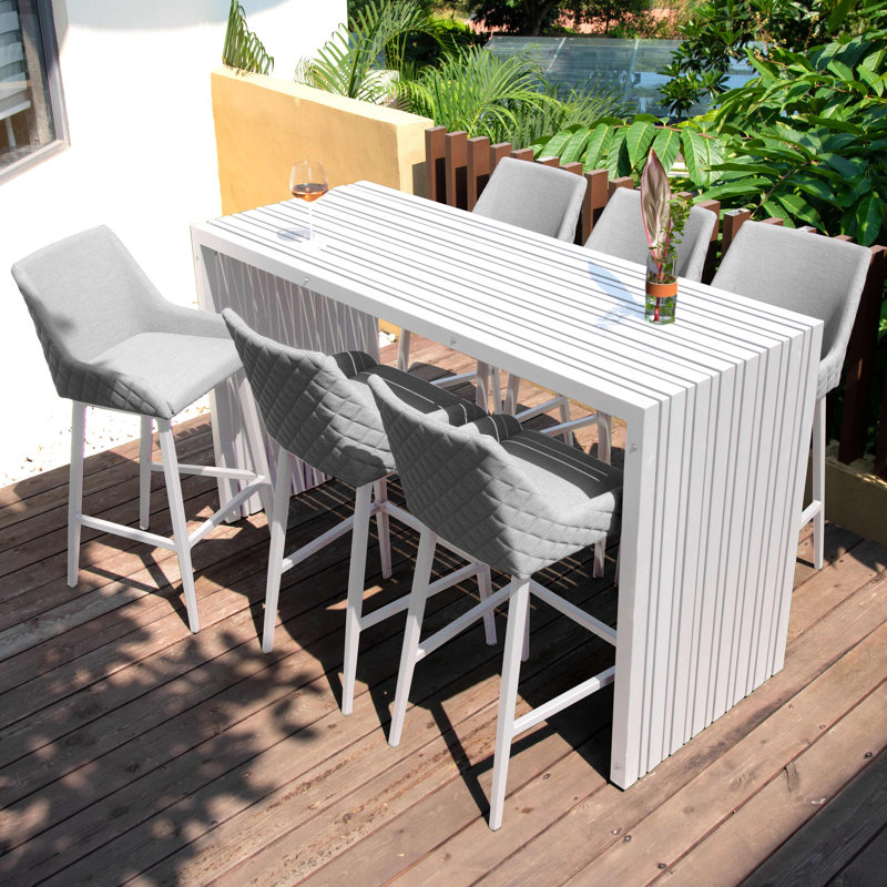Gullete Outdoor Fabric 6 Seat Rectangular Bar Set, Light Grey/White, White