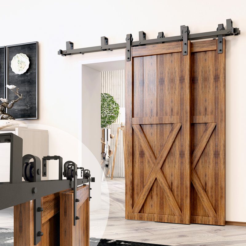 Ensemble de quincaillerie de porte de grange à deux portes à double rail de style classique noir rustique (porte non incluse)