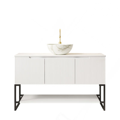 48" Bathroom Vanity&Sinkwith 3 Doors and Open Shelf, Matte White Bowl Ceramic Basin with Stone Pattern&White Sintered Stone Top, White