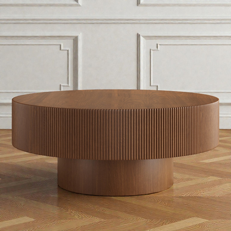 Round Coffee Table, Fluted Drum Design, Sleek & Chic Modern, Living Room Statement, Walnut, 13.73" H x 31.52" L x 31.52" W