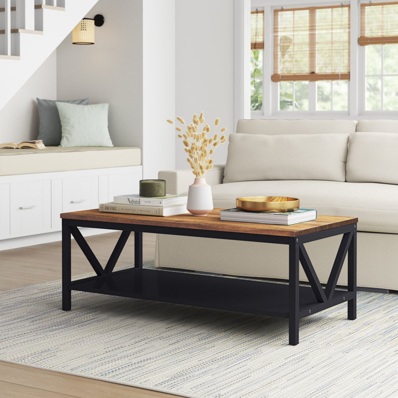 Table basse bicolore à cadre en V avec tablette de rangement inférieure, Chêne rustique, Noir