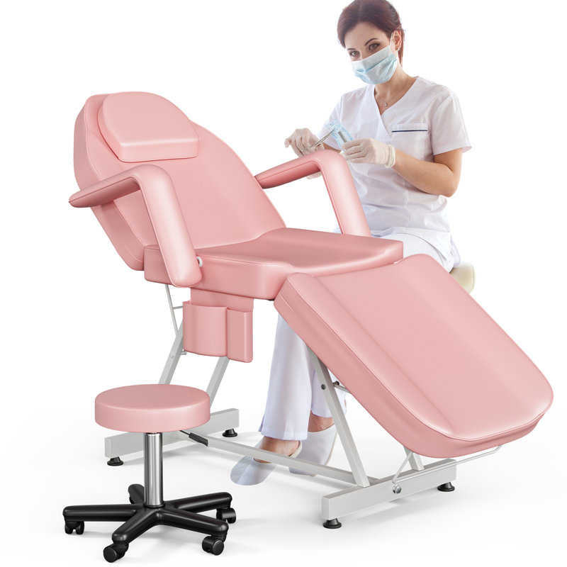 Salon Beauty Bed with a Stool, Massage chair with storage pocket, Adjustable 3-Section Massage Table, White, Pink