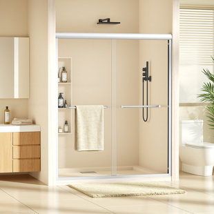 Porte de douche coulissante double demi-cadre avec verre transparent et barre à serviettes l 56 "x H 72"