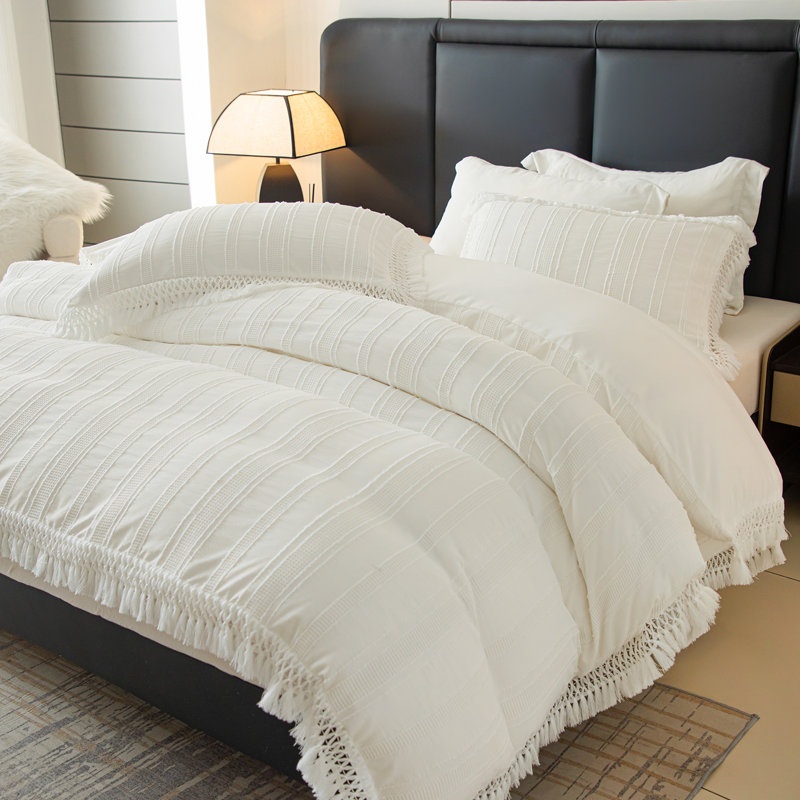 Boho Striped Tufted Duvet Cover Set with Tassels, Soft Textured Fringe Bedding Set, Farmhouse Chic Comforter Cover Set (No Comforter),Gift for Mother’s Day