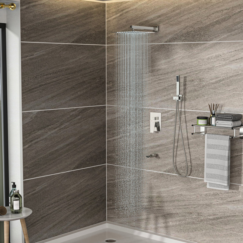 Douche carrée murale de 10 pouces en nickel brossé - douchette cascade, 3 fonctions, douche à effet pluie, système d'outil portatif avec bec en nickel, douchette à pluie, ensemble d'installation