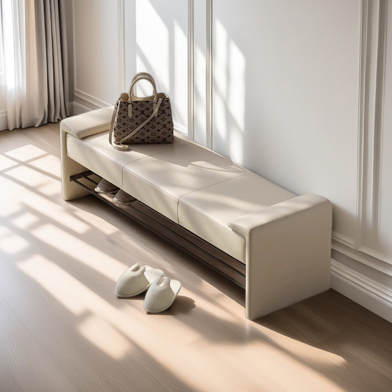 Italian Style Leather Solid Wood Shoe Bench, Beige