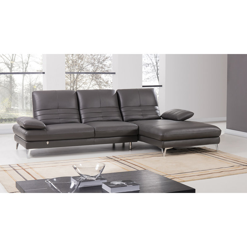 Balani Upholstered L-Shaped Sectional, Gray Genuine Leather, Right Hand Facing