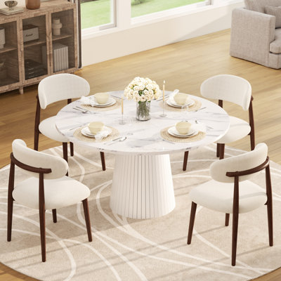 Ensemble de salle à manger de style Mid-Century pour 4-6 personnes, table à piédestal ronde en MDF et chaises en métal revêtues de lin