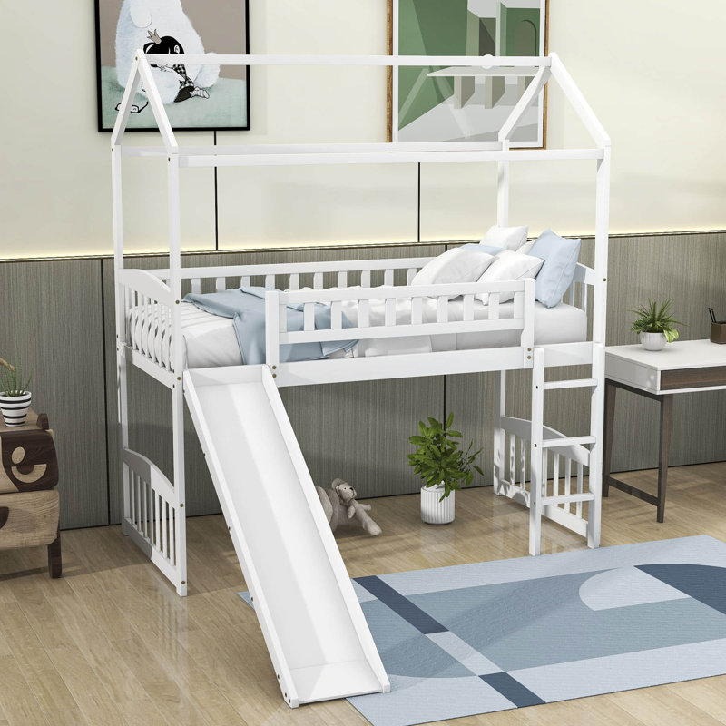 Lit mezzanine simple en bois avec glissade, Blanc