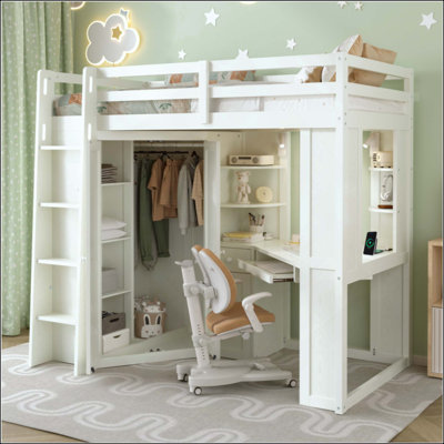 Loft Bed With Integrated Large Wardrobe And Desk, All-In-One Space-Saving High Bed With Pull-Out Keyboard Tray, Charging Station And Dual Metal