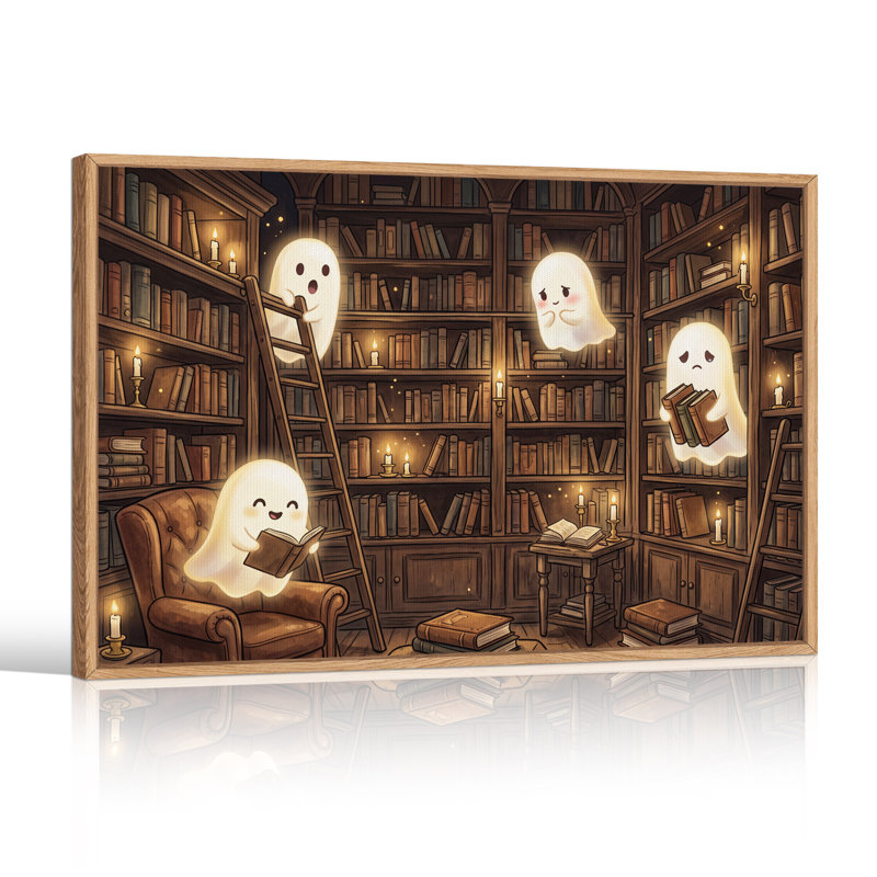 Adorables mignons fantômes lumineux lisant des livres à la bougie sur toile d'Halloween, 24"H x36"W
