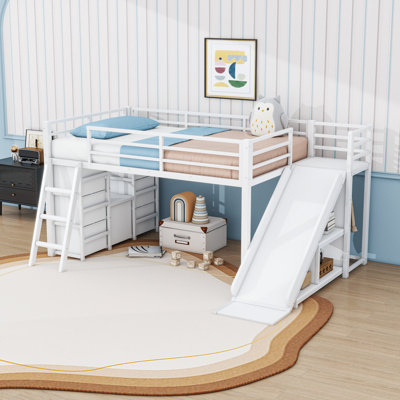 Metal Loft Bed with Slide, Storage Drawers, Hanging Area and LED Strip