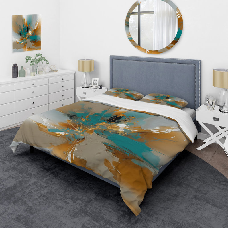 Ensemble de housse de couette en marbre doré et turquoise Fuild Ink I - Abstract Marble