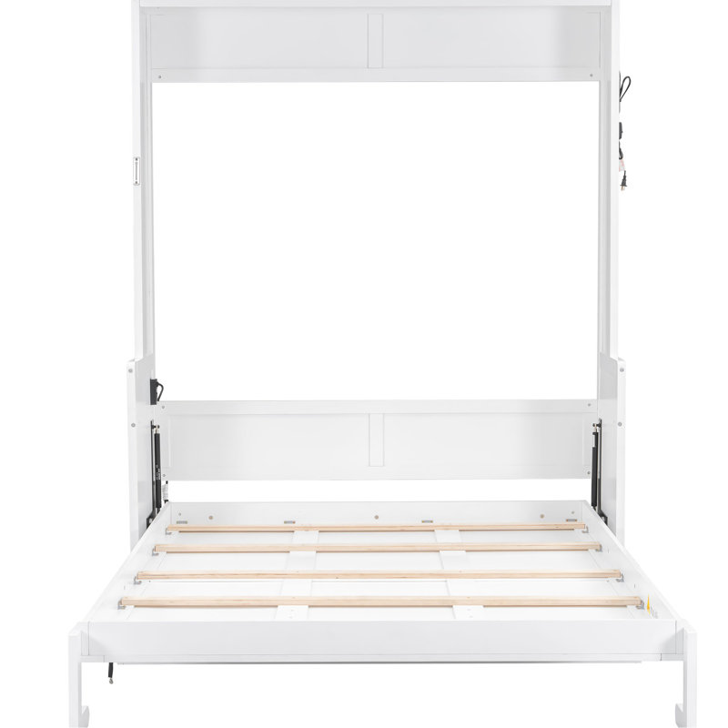 White Queen Size Bed With Desk And Led Lights, Charging Station, Space - Saving For Small Living Areas, Easy Fold Design, Frame Desk, Lights Ports, Solution, Rebound