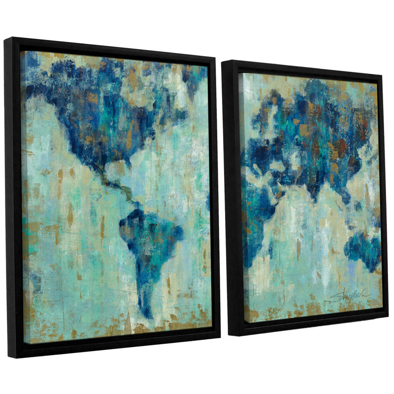 Map of the World by Silvia Vassileva 2 Piece Print Set on Canvas, 24" H x 18" W x 2" D, White Floater Frame