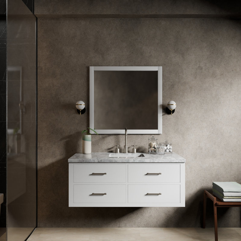 Castor 48" W x 22" D Single Bath Vanity, 43" Mirror & Chrome Faucet Set, White, White Carrara Marble