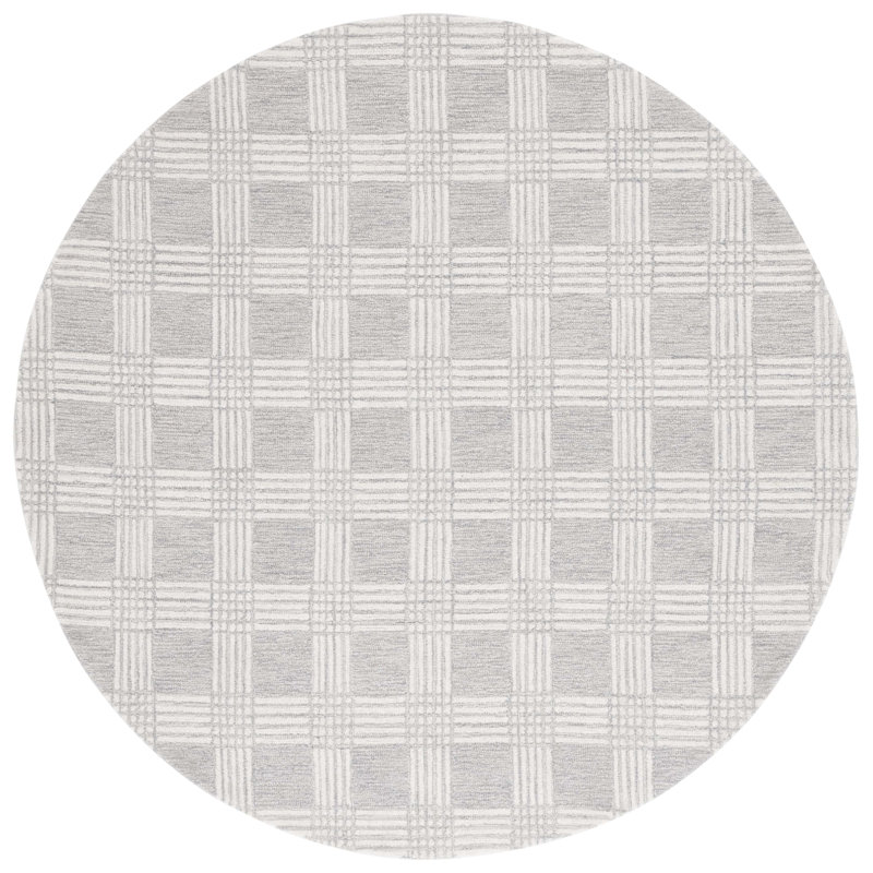 Tulane Hand Tufted Wool Cotton Checkered Rug in Ivory/Light Gray, Round 6'