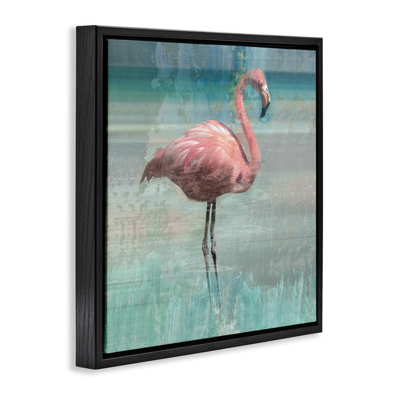 Portrait d'un oiseau flamant en couches, H 18 po x l 18 po, Cadre flottant noir de jais