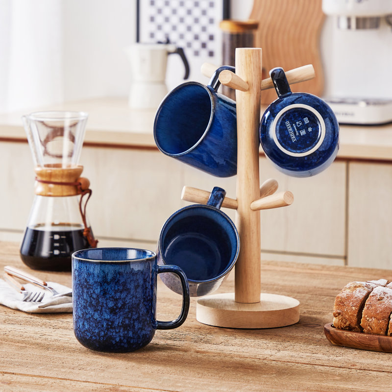 Ensemble de 4 tasses à ombrage bleu 16 oz avec rebord incurvé, conception à bords surélevés, four, grès cuit, 16, Bleu