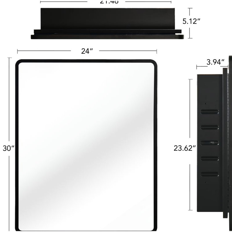 Armoire à miroir noire avec cadre en métal 24 po x 30 po - pour fixation murale dans la salle de bain ou 3 tablettes réglables encastrées, verre trempé de 1 cm