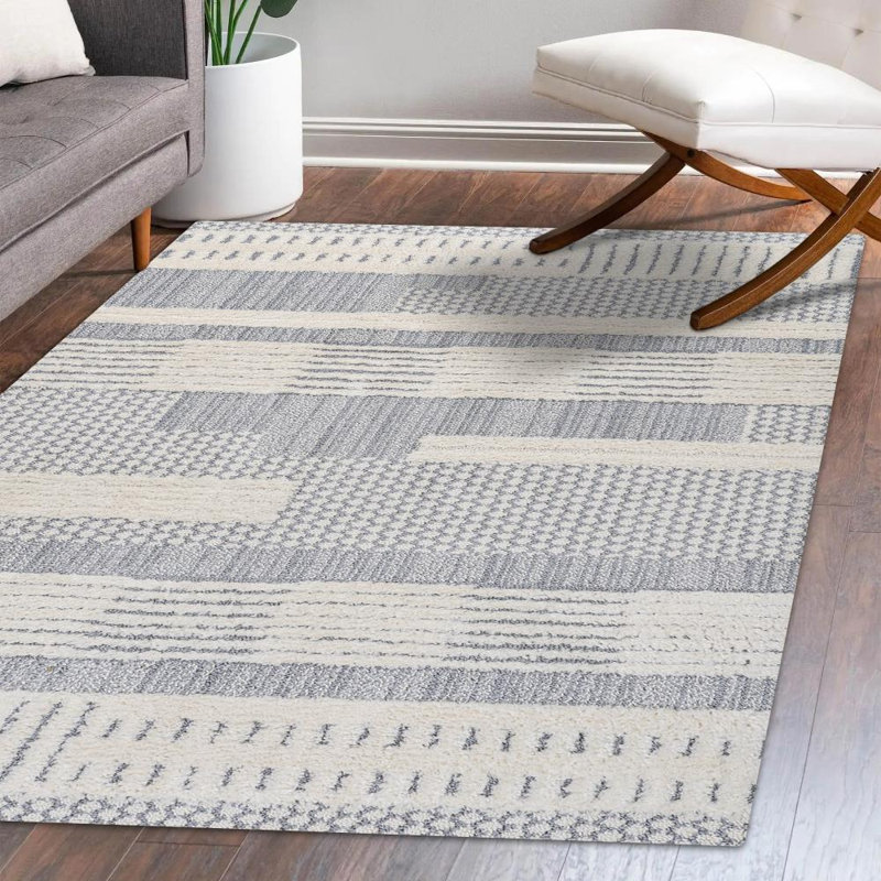 Kellum Geometric High-Low Cream/Gray Rug, Rectangle 3'11" x 6'