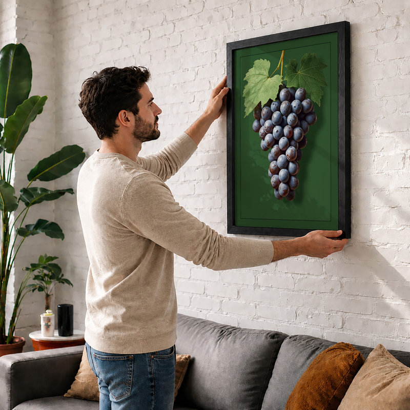 Purple Grapes with Leaves Botanical - Framed Print, A1 - 84.1 x 59.4 cm, Oak