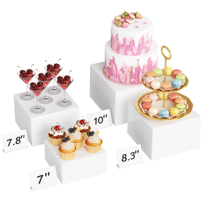 Ensemble de 4 contremarches et supports pour buffet, (7 po, 7,8 po, 8,3 po, 10 po), risers alimentaires pour table de buffet, porte-gâteaux de dessert pour la fête, présentoir à bijoux de collection, boîtes cubiques gigognes, blanc