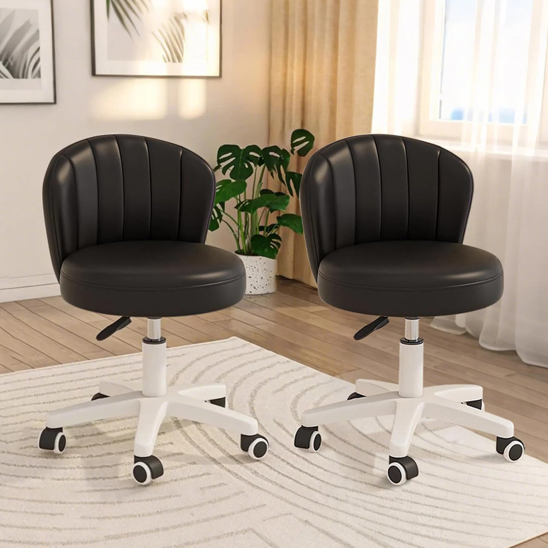 HDHNBA Set Of 2 Backrest Height Adjustable Swivel Rolling Vanity Stools With High Resilience Sponge Cushion, Black