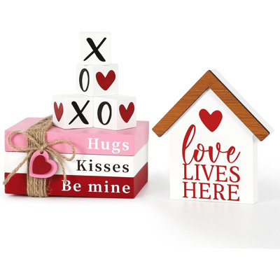 Valentine’S Day Wood Book Stack With XOXO Blocks – Tiered Tray & Table Decor