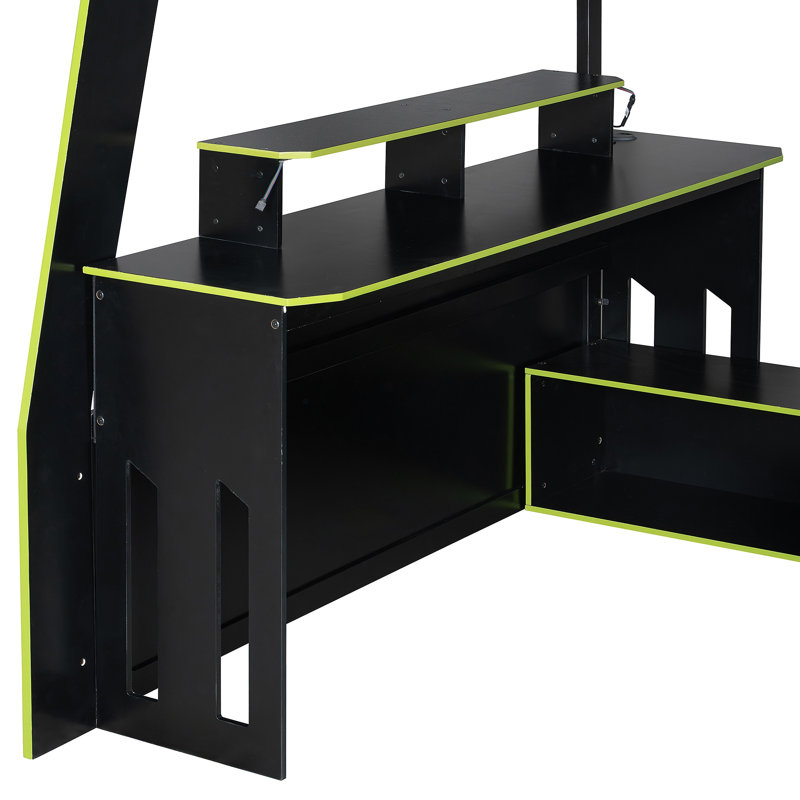 Lit mezzanine en bois avec bureau, tablettes multiples et lumière RVB, table avec emplacement réglable, Vert