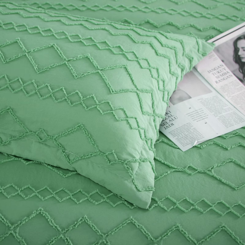 Cotton Percale Geometric Shapes Duvet Cover, Queen Duvet Cover + 2 Standard Pillowcases, Green