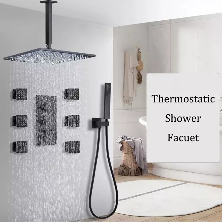 8 in  Matte Black Thermostatic LED Shower Faucet Combo Set Massage Rainfall Head System