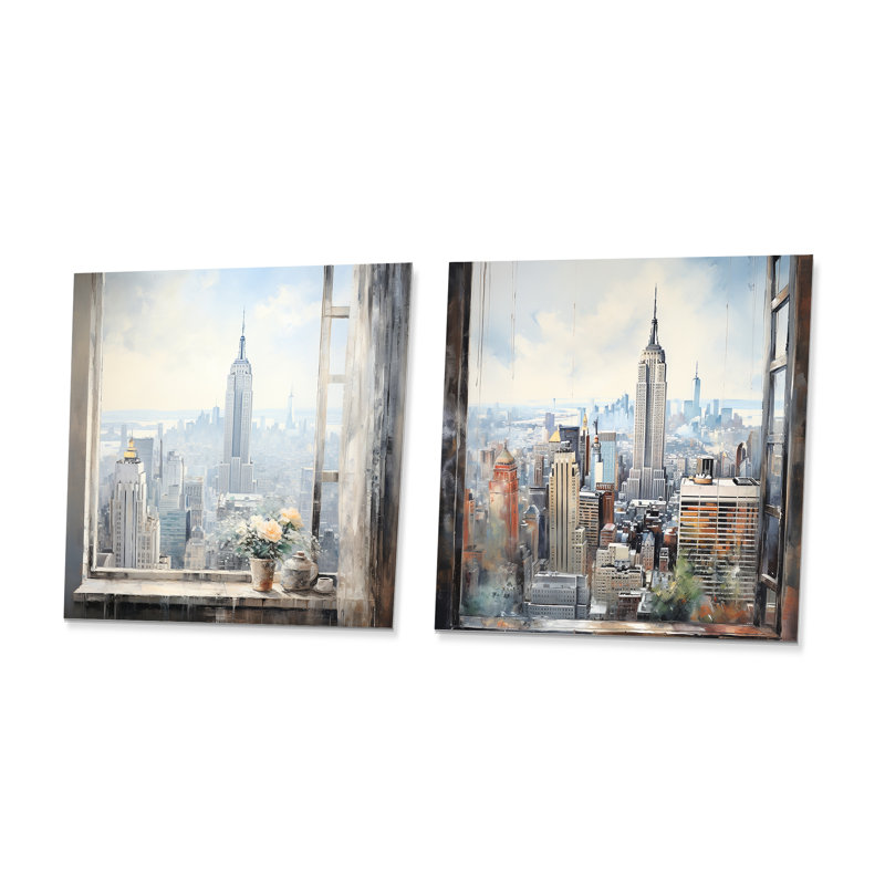 New York Empire State Window Views I - New York City Metal Wall Art Living Room Square Set Of 2, 36" H x 72" W